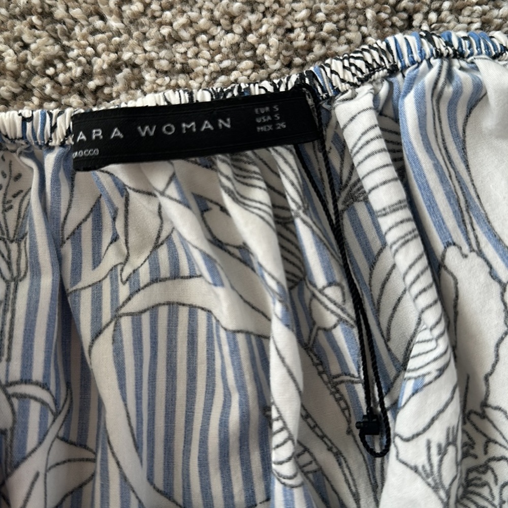 Zara | Blue, White & Black Floral Print Striped Off-Shoulder Midi Dress | Size S - Picture 4 of 5